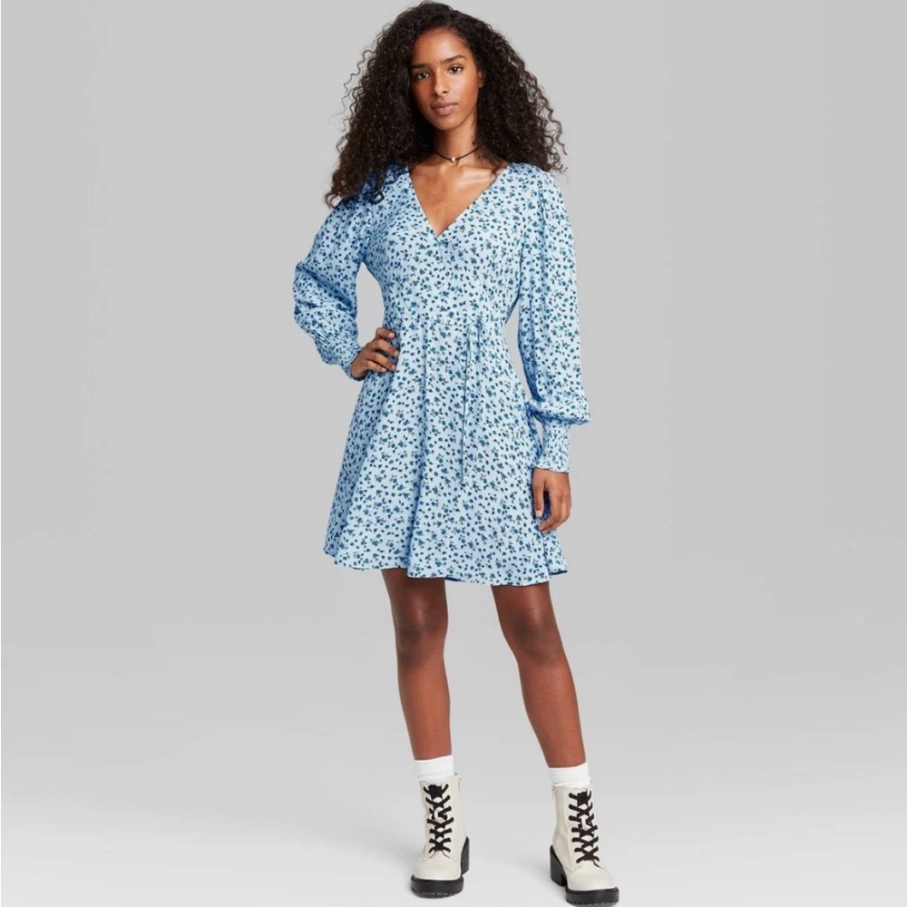 Women's‎ Wild Fable Long Sleeve Faux Wrap Dress Light Blue Floral Print Size XS